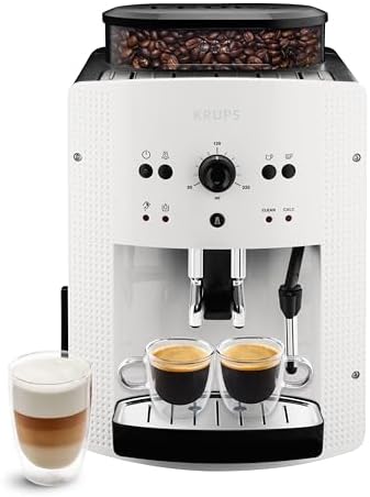 Krups Machine à café broyeur grain, 2 expresso simultanés, Nettoyage automatique, Buse vapeur Cappuccino, Essential blanche EA810570