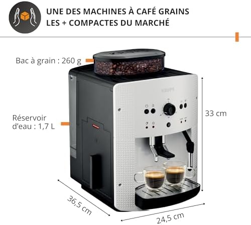 Krups Machine à café broyeur grain, 2 expresso simultanés, Nettoyage automatique, Buse vapeur Cappuccino, Essential blanche EA810570