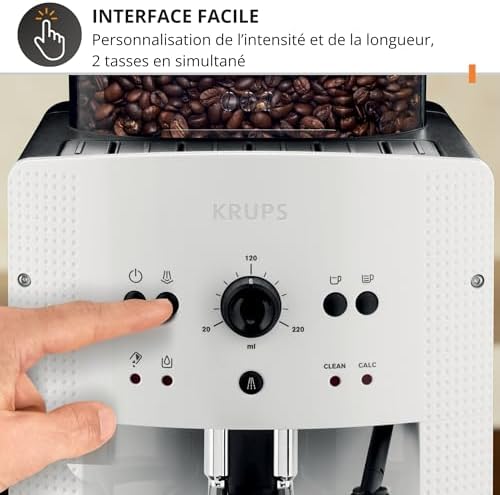 Krups Machine à café broyeur grain, 2 expresso simultanés, Nettoyage automatique, Buse vapeur Cappuccino, Essential blanche EA810570
