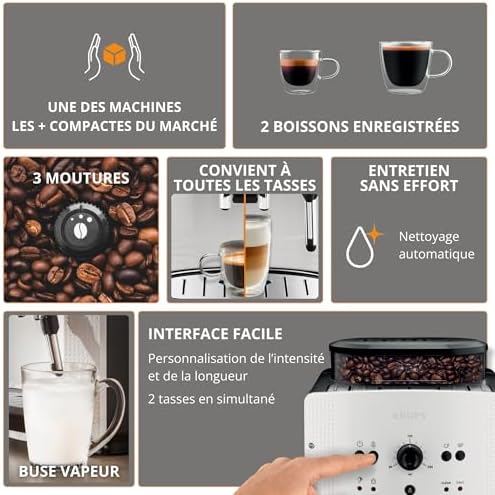 Krups Machine à café broyeur grain, 2 expresso simultanés, Nettoyage automatique, Buse vapeur Cappuccino, Essential blanche EA810570