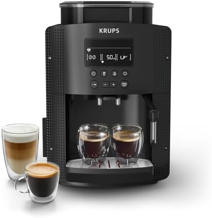Krups Machine à café grain, 2 expressos simultanés, Ecran LCD, Cafetière espresso compacte, Nettoyage automatique, Buse vapeur pour Cappuccino, Essential noire YY8135FD, Noir
