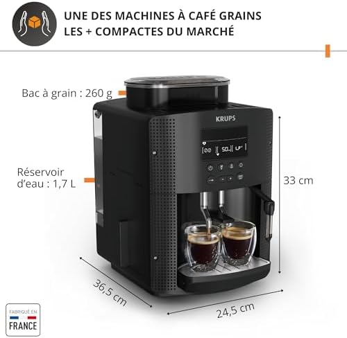 Krups Machine à café grain, 2 expressos simultanés, Ecran LCD, Cafetière espresso compacte, Nettoyage automatique, Buse vapeur pour Cappuccino, Essential noire YY8135FD, Noir