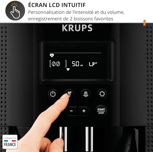 Krups Machine à café grain, 2 expressos simultanés, Ecran LCD, Cafetière espresso compacte, Nettoyage automatique, Buse vapeur pour Cappuccino, Essential noire YY8135FD, Noir