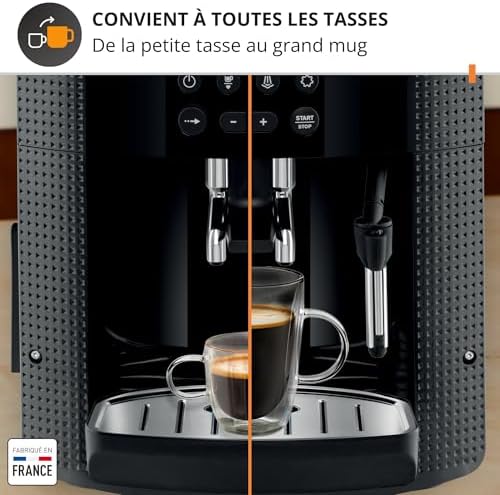 Krups Machine à café grain, 2 expressos simultanés, Ecran LCD, Cafetière espresso compacte, Nettoyage automatique, Buse vapeur pour Cappuccino, Essential noire YY8135FD, Noir