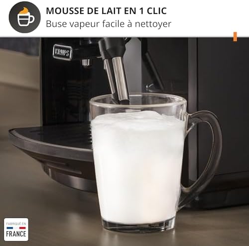 Krups Machine à café grain, 2 expressos simultanés, Ecran LCD, Cafetière espresso compacte, Nettoyage automatique, Buse vapeur pour Cappuccino, Essential noire YY8135FD, Noir