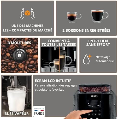 Krups Machine à café grain, 2 expressos simultanés, Ecran LCD, Cafetière espresso compacte, Nettoyage automatique, Buse vapeur pour Cappuccino, Essential noire YY8135FD, Noir