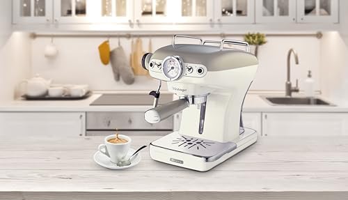 Ariete Espresso Vintage 1389, Machine à Café Expresso Pour Poudre Ou Dosette Ese, 1 Et 2 Tasses, Buse Cappuccino, Support de Tasse en Acier Inoxydable, 15 Bars, 850W, Beige