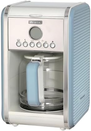 Ariete Vintage Machine à Café Americano 1342, Cafetière Filtre, Carafe en Verre Trempé, Jusqu'à 12 Tasses, Minuteur 24 Heures, Arrêt Automatique, Anti-Gouttes, Capacité 1.5 L, 2000W, Bleu Clair