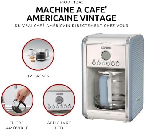 Ariete Vintage Machine à Café Americano 1342, Cafetière Filtre, Carafe en Verre Trempé, Jusqu'à 12 Tasses, Minuteur 24 Heures, Arrêt Automatique, Anti-Gouttes, Capacité 1.5 L, 2000W, Bleu Clair