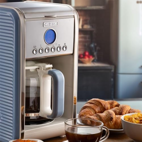 Ariete Vintage Machine à Café Americano 1342, Cafetière Filtre, Carafe en Verre Trempé, Jusqu'à 12 Tasses, Minuteur 24 Heures, Arrêt Automatique, Anti-Gouttes, Capacité 1.5 L, 2000W, Bleu Clair