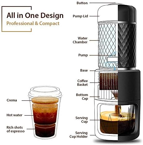 STARESSO Machine à café manuelle, à expresso, pour l’extérieur, cappuccino, camping, randonnée, voyage, déplacement noir