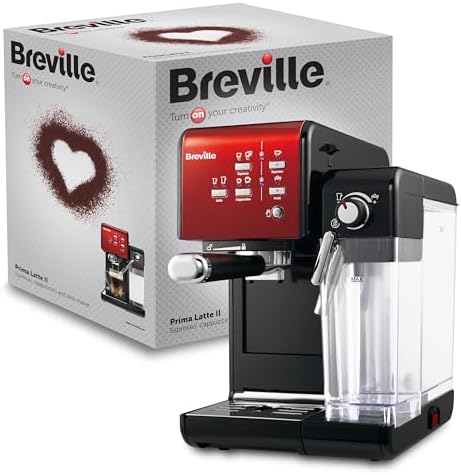 Breville Machine à café et expresso PrimaLatte II | Pompe italienne à 19 bars | convient pour le café en poudre ou en dosettes | Mousseur à lait automatique intégré | Noir / rouge | VFC109X-01