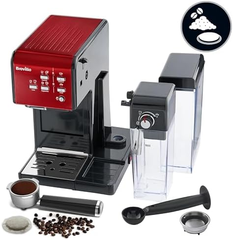 Breville Machine à café et expresso PrimaLatte II | Pompe italienne à 19 bars | convient pour le café en poudre ou en dosettes | Mousseur à lait automatique intégré | Noir / rouge | VFC109X-01