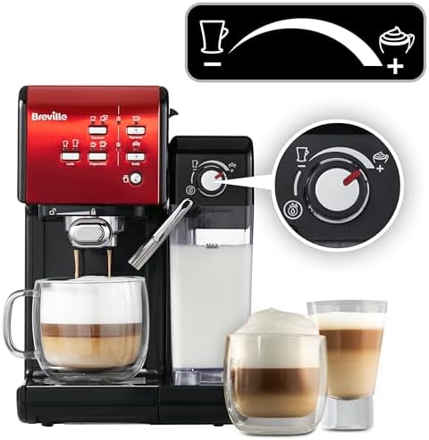 Breville Machine à café et expresso PrimaLatte II | Pompe italienne à 19 bars | convient pour le café en poudre ou en dosettes | Mousseur à lait automatique intégré | Noir / rouge | VFC109X-01