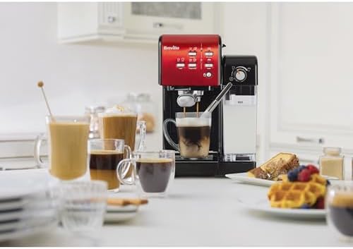 Breville Machine à café et expresso PrimaLatte II | Pompe italienne à 19 bars | convient pour le café en poudre ou en dosettes | Mousseur à lait automatique intégré | Noir / rouge | VFC109X-01