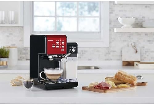 Breville Machine à café et expresso PrimaLatte II | Pompe italienne à 19 bars | convient pour le café en poudre ou en dosettes | Mousseur à lait automatique intégré | Noir / rouge | VFC109X-01