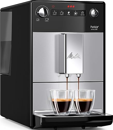 Melitta Purista Argent, Machine à Café à Grains avec Broyeur et Système d'Extraction des Arômes, Silencieuse, Mode 1 à 2 Tasses, Cafetière Expresso 1L, Automatique, F230-101