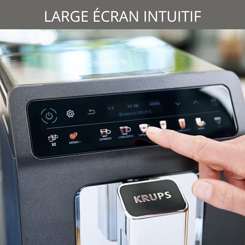KRUPS Machine à café broyeur grain, tout automatique, 12 boissons pré-enregistrées, cafetière Espresso et boissons lactées,personnalisation des boissons écran LED Evidence One EA895N10