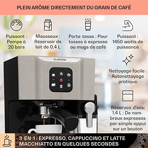 KLARSTEIN BellaVita - Cafetière, Machine à café Expresso, 20 bars de pression, Réservoir d'eau amovible, Capacité de 1,4L, Cappuccino ou latte macchiato, Mousseur à lait, Buse amovible, Gris