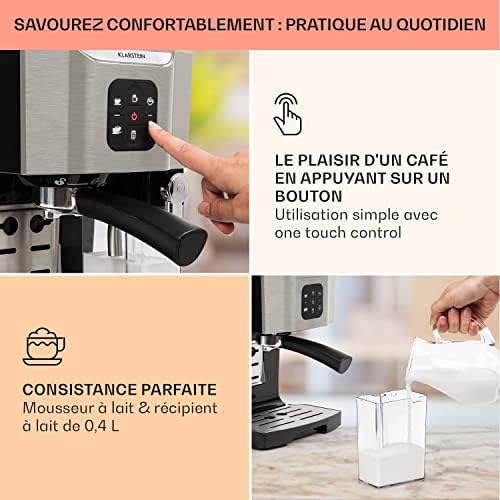 KLARSTEIN BellaVita - Cafetière, Machine à café Expresso, 20 bars de pression, Réservoir d'eau amovible, Capacité de 1,4L, Cappuccino ou latte macchiato, Mousseur à lait, Buse amovible, Gris