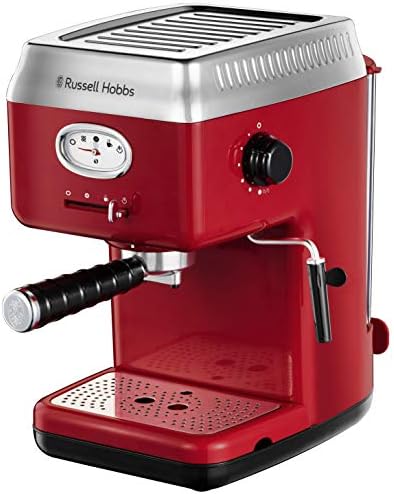 Russell Hobbs Machine expresso [Porte-filtre, Thermobloc] Retro Rouge (Pression 15 bars, réservoir d'eau amovible 1,1 L, buse à vapeur et à mousse de lait, Chauffage de tasses) Machine à café 28250-56