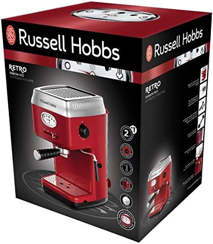 Russell Hobbs Machine expresso [Porte-filtre, Thermobloc] Retro Rouge (Pression 15 bars, réservoir d'eau amovible 1,1 L, buse à vapeur et à mousse de lait, Chauffage de tasses) Machine à café 28250-56