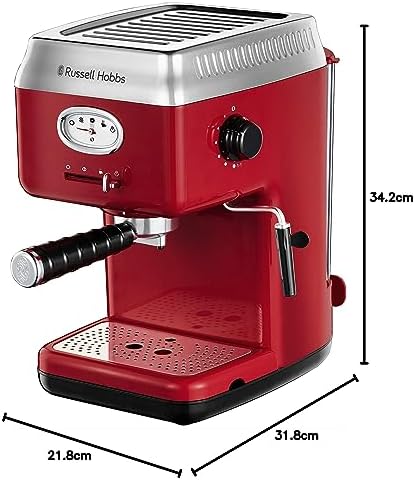 Russell Hobbs Machine expresso [Porte-filtre, Thermobloc] Retro Rouge (Pression 15 bars, réservoir d'eau amovible 1,1 L, buse à vapeur et à mousse de lait, Chauffage de tasses) Machine à café 28250-56