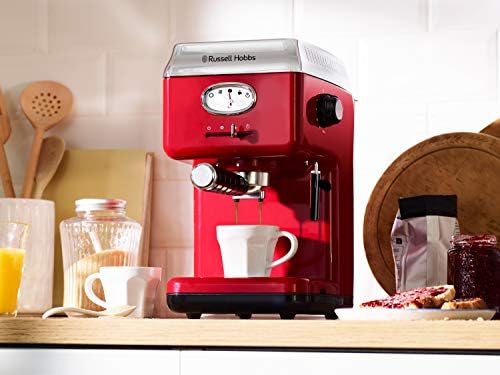 Russell Hobbs Machine expresso [Porte-filtre, Thermobloc] Retro Rouge (Pression 15 bars, réservoir d'eau amovible 1,1 L, buse à vapeur et à mousse de lait, Chauffage de tasses) Machine à café 28250-56