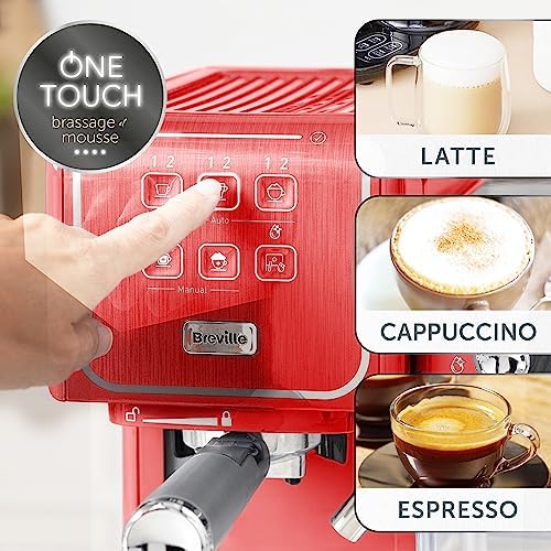 Breville Prima Latte III Machine À Café - Machine À Expresso, Cappuccino Et Latte - Pompe Italienne De 19 Bars - Mousseur De Lait Automatique - Compatible Dosettes ESE - Coloris Rouge