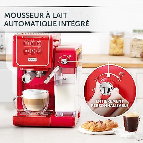 Breville Prima Latte III Machine À Café - Machine À Expresso, Cappuccino Et Latte - Pompe Italienne De 19 Bars - Mousseur De Lait Automatique - Compatible Dosettes ESE - Coloris Rouge