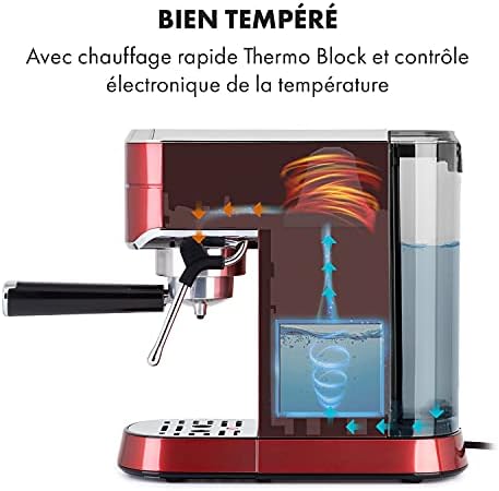 KLARSTEIN Futura - Cafetière, Machine à café, Machine expresso, 1450 W, 20 bar, qualité barista, système de chauffage thermobloc, double bec, arrêt de débit, moussage de lait - Rouge
