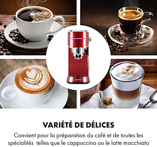 KLARSTEIN Futura - Cafetière, Machine à café, Machine expresso, 1450 W, 20 bar, qualité barista, système de chauffage thermobloc, double bec, arrêt de débit, moussage de lait - Rouge