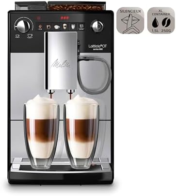 Melitta Latticia One Touch Argent, Machine à Café à Grain avec Broyeur, Silencieuse, Système Latte Perfection, Mode 1 à 2 Tasses, Automatique, F300-101, 1450W