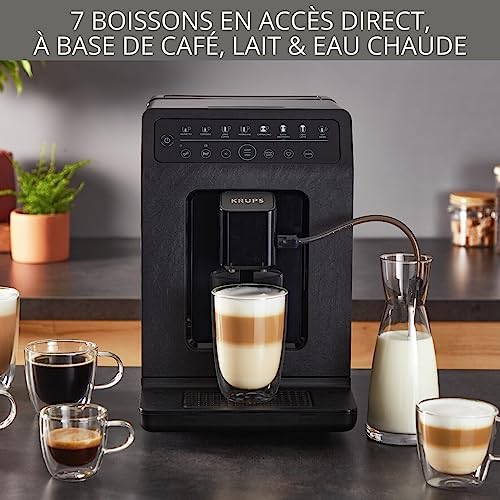 Krups Machine à café grains automatique, 2 boissons simultanées, 8 boissons préréglées, Entretien facile, Plastique recyclé et recyclable, Fabriqué en France, Evidence Eco-Design EA897B10
