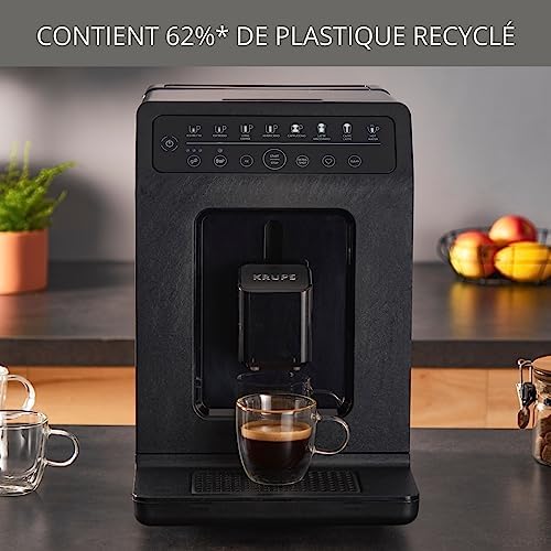Krups Machine à café grains automatique, 2 boissons simultanées, 8 boissons préréglées, Entretien facile, Plastique recyclé et recyclable, Fabriqué en France, Evidence Eco-Design EA897B10