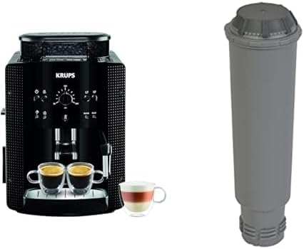 KRUPS ESSENTIAL NOIRE Machine à café broyeur grain Cafetière expresso 2 tasses Nettoyage automatique Buse vapeur Cappuccino YY8125FD & Cartouche Aqua Filter Claris F08801