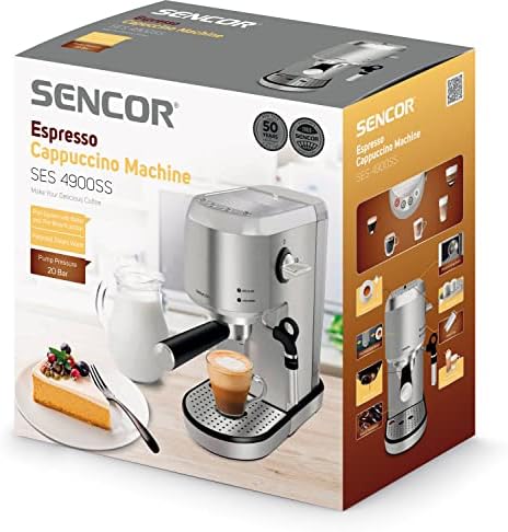 SENCOR Machine Expresso, Cappuccino et latte, Café à Grain, Pompe italienne 20 bars et Mousseur à lait - Machine à Café Espresso à Grain, Thermoblock, avec Buse Vapeur brevetée, Barista Express