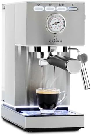 KLARSTEIN Pausa Machine à café expresso, porte-filtre de 1350 W,machine à expresso avec 7-9 bars de pression,machine à café avec porte-filtre et réservoir d'eau de 1,4 l, en acier inoxydable, argenté