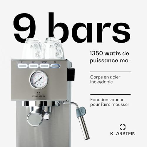 KLARSTEIN Pausa Machine à café expresso, porte-filtre de 1350 W,machine à expresso avec 7-9 bars de pression,machine à café avec porte-filtre et réservoir d'eau de 1,4 l, en acier inoxydable, argenté