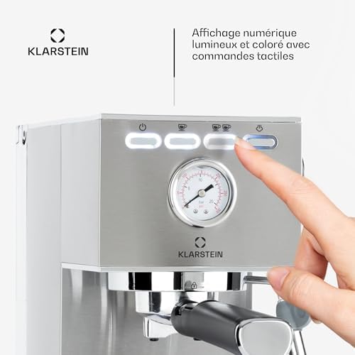 KLARSTEIN Pausa Machine à café expresso, porte-filtre de 1350 W,machine à expresso avec 7-9 bars de pression,machine à café avec porte-filtre et réservoir d'eau de 1,4 l, en acier inoxydable, argenté
