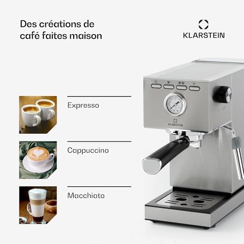 KLARSTEIN Pausa Machine à café expresso, porte-filtre de 1350 W,machine à expresso avec 7-9 bars de pression,machine à café avec porte-filtre et réservoir d'eau de 1,4 l, en acier inoxydable, argenté