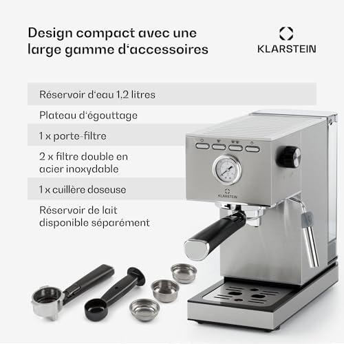 KLARSTEIN Pausa Machine à café expresso, porte-filtre de 1350 W,machine à expresso avec 7-9 bars de pression,machine à café avec porte-filtre et réservoir d'eau de 1,4 l, en acier inoxydable, argenté
