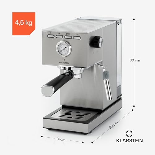 KLARSTEIN Pausa Machine à café expresso, porte-filtre de 1350 W,machine à expresso avec 7-9 bars de pression,machine à café avec porte-filtre et réservoir d'eau de 1,4 l, en acier inoxydable, argenté