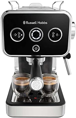 Russell Hobbs Cafetière [Machine Expresso Design Vintage] Distinctions Noir (15 Bars, mode auto. & manuel pour 1 ou 2 tasses, chauffe rapide, buse vapeur: lait & eau chaude, affichage LED) 26450-56