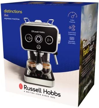 Russell Hobbs Cafetière [Machine Expresso Design Vintage] Distinctions Noir (15 Bars, mode auto. & manuel pour 1 ou 2 tasses, chauffe rapide, buse vapeur: lait & eau chaude, affichage LED) 26450-56