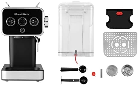 Russell Hobbs Cafetière [Machine Expresso Design Vintage] Distinctions Noir (15 Bars, mode auto. & manuel pour 1 ou 2 tasses, chauffe rapide, buse vapeur: lait & eau chaude, affichage LED) 26450-56