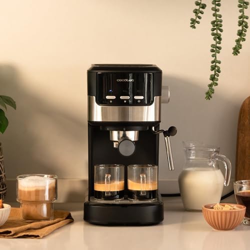 Cecotec Cafetière espresso compacte Power Espresso 20 Pecan. 1100 W, 20 Bars, Système Thermoblock, Buse orientable, Porte-filtre avec double sortie et 2 filtres, 1,25 litre, Noir