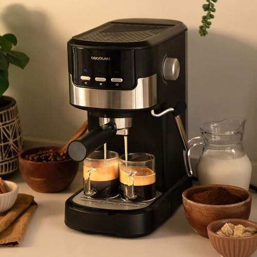 Cecotec Cafetière espresso compacte Power Espresso 20 Pecan. 1100 W, 20 Bars, Système Thermoblock, Buse orientable, Porte-filtre avec double sortie et 2 filtres, 1,25 litre, Noir
