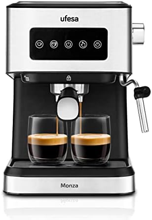Ufesa Monza Machine à café Expresso et Cappuccino 20 Bars, Écran Tactile Digital, Vapeur Orientable, Café Moulu ou ESE à Dose Unique, Réservoir de 1,5 L, Fonction Chauffe-Tasses, 1050W, Inox