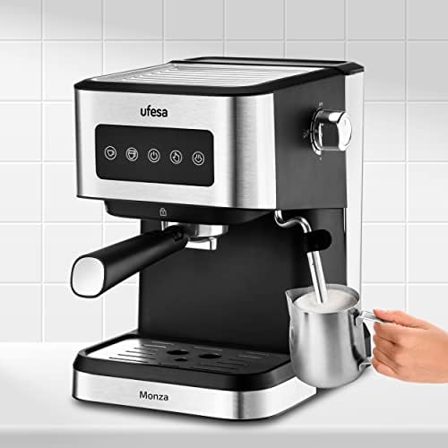 Ufesa Monza Machine à café Expresso et Cappuccino 20 Bars, Écran Tactile Digital, Vapeur Orientable, Café Moulu ou ESE à Dose Unique, Réservoir de 1,5 L, Fonction Chauffe-Tasses, 1050W, Inox